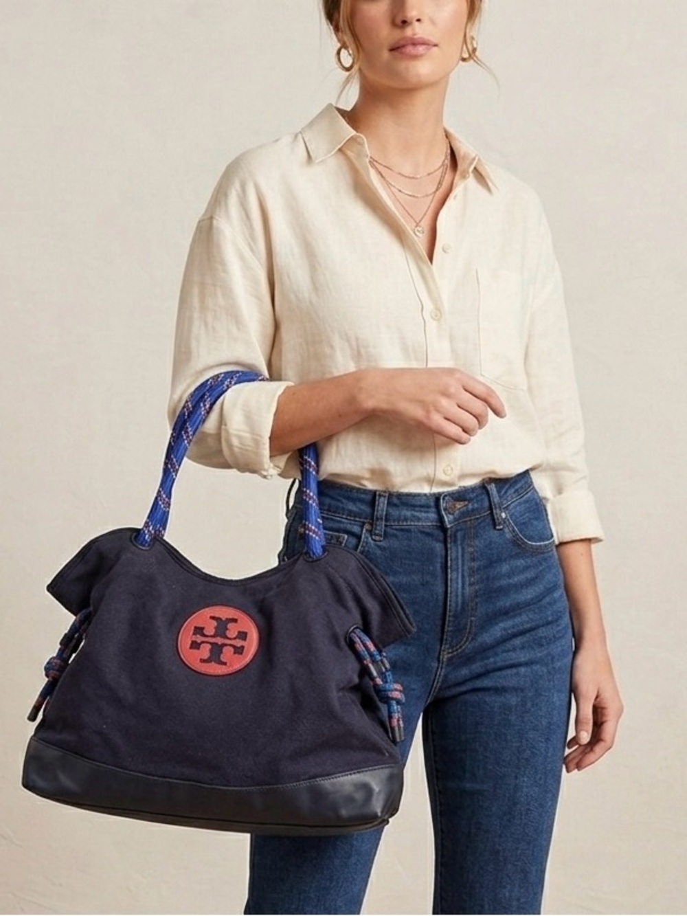 Tory Burch Navy Blue & Orange Kellyn Canvas Tote